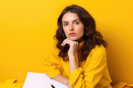 woman, studio portrait and mockup with papers for advertising or promotion on a yellow backgroundの素材