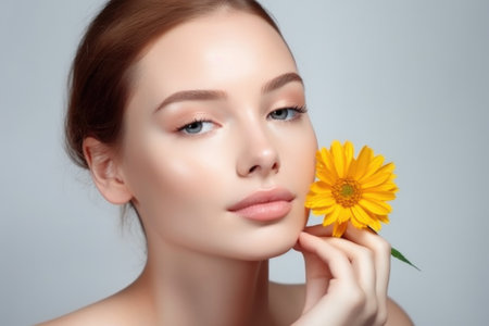 flat lay, beauty and woman with a flower in studio on a gray background for natural cosmetics and makeupの素材