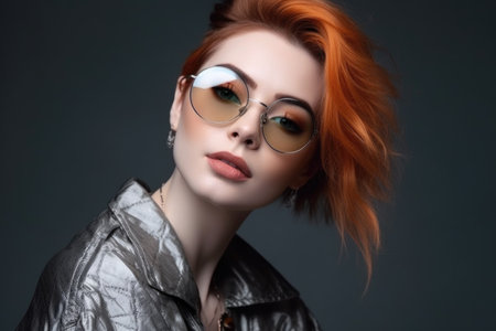 cool woman, portrait and glasses for fashion or trendy aesthetic against gray studio backgroundの素材