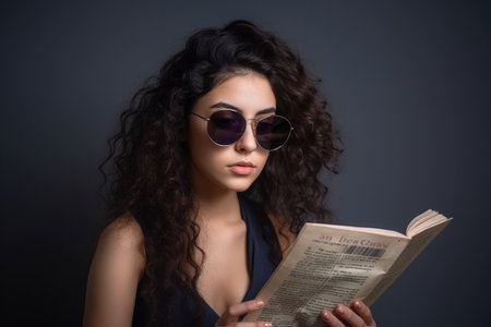 studio portrait of a trendy young woman wearing shades and reading textの素材