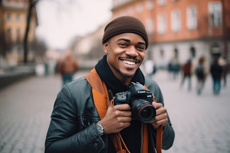 black man, portrait and smile with a camera in hands outdoors for photography or travel hobbyの素材