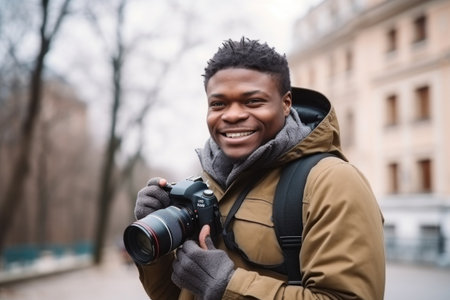 black man, portrait and smile with a camera in hands outdoors for photography or travel hobbyの素材