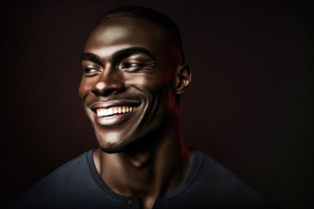 portrait, black man and smile on a dark background for advertising, mockup or search spaceの素材