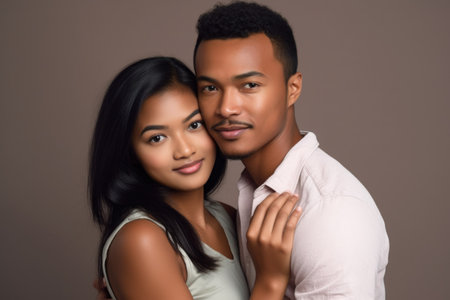 a young ethnic couple standing together in the studioの素材