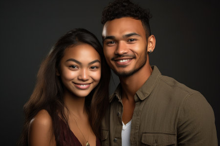 a young ethnic couple standing together in the studioの素材
