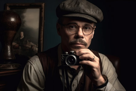 portrait, studio and man in retro style with a lens for photography, art and designの素材