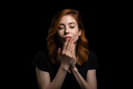 studio shot of an attractive woman blowing a kiss isolated on blackの素材