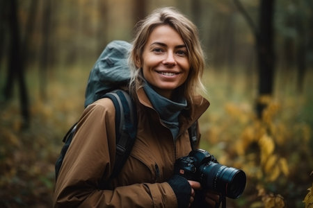 photographer, camera and woman with a smile for photography in natureの素材