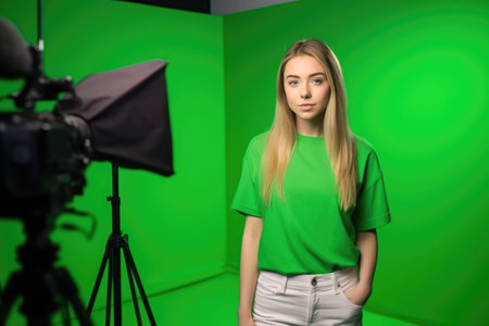 studio work, camera and woman with green screen for advertising, announcement or networkingの素材