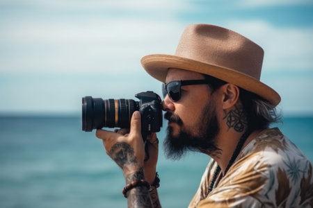 photographer with camera, portrait and ocean background for travel, vacation or holiday in the sunの素材