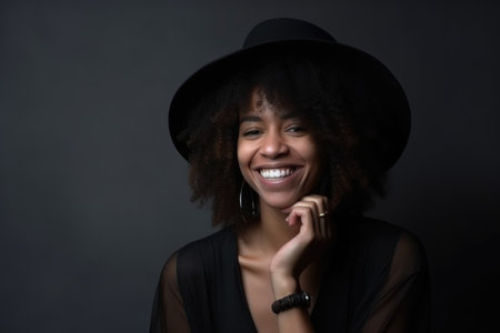 black woman, photography and smile portrait in studio for happy, excited or satisfied feelingの素材