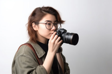 digital, portrait and woman with camera in studio for photography, mockup and yes on white backgroundの素材