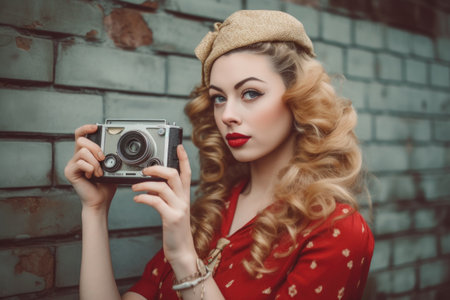 a young woman holding a vintage camera while wearing retro clothingの素材