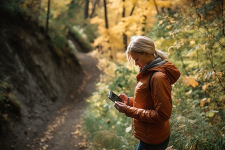 shot of a woman using her cellphone on a nature trailの素材