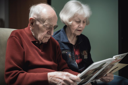shot of two people looking at a booklet togetherの素材