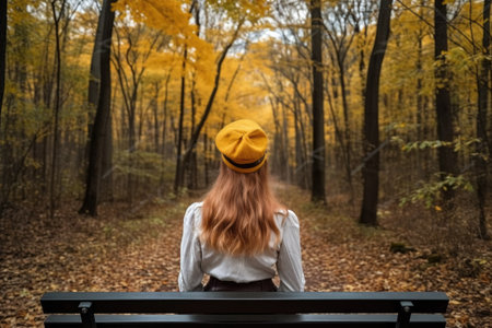 rearview shot of a young woman sitting on a bench in the forestの素材