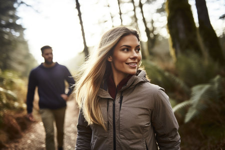 shot of a young woman out for a walk with her husband on nature trailsの素材