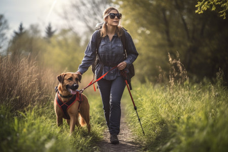 shot of a woman out for a walk in nature with her service dogの素材