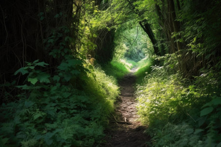 overgrown trail through a wooded area with copy spaceの素材