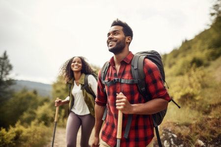 shot of a young man hiking with his wifeの素材
