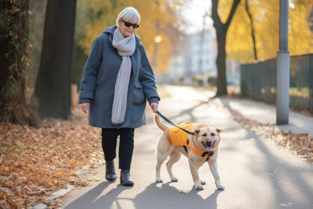 shot of a blind woman walking together with her guide dogの素材