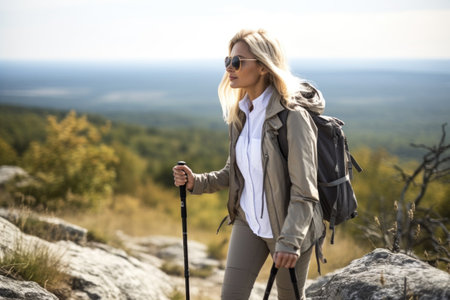 shot of a young woman using an orthopedic walking stick while out for a hikeの素材