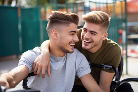shot of two young men having fun on a wheelchair at a playgroundの素材