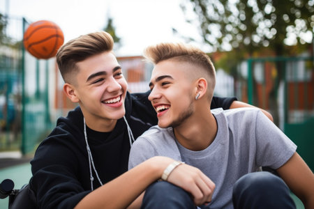 shot of two young men having fun on a wheelchair at a playgroundの素材