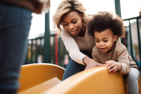shot of a young woman assisting her son while he plays on the slide at an outdoor playgroundの素材