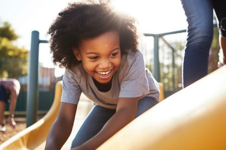 shot of a young woman assisting her son while he plays on the slide at an outdoor playgroundの素材