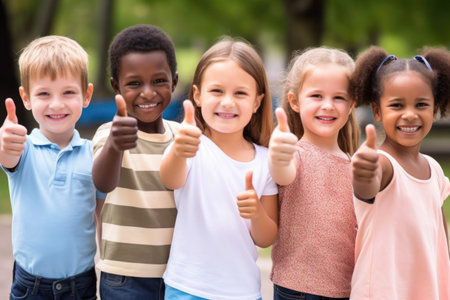 shot of a group of children standing outside and showing thumbs upの素材