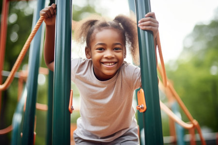 shot of a happy young girl standing on the jungle gym at a parkの素材