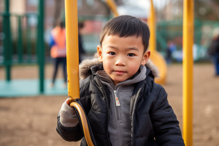 portrait of a young boy standing on the swing at an inclusive playgroundの素材