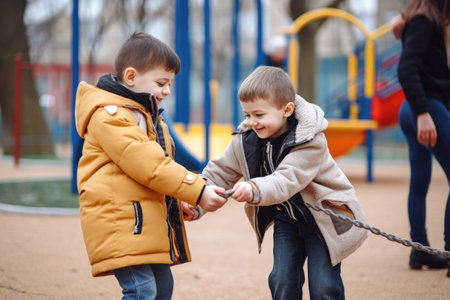 shot of a young boy helping his friend to walk at a disability-inclusive playgroundの素材