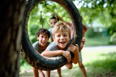 shot of a young boy and his friends swinging on a tire swingの素材