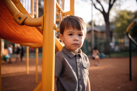 shot of a young boy standing at a play parkの素材