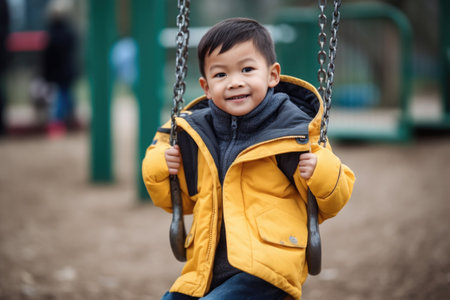shot of a young boy having fun on the swings at a playgroundの素材