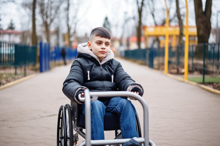 shot of a young man using his wheelchair on the playgroundの素材