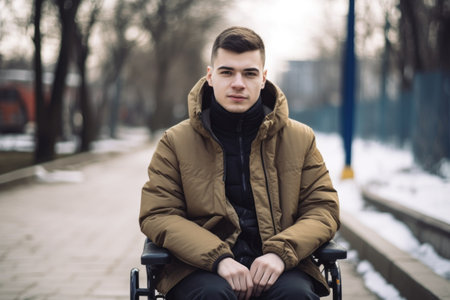 portrait of a young man standing next to his wheelchairの素材
