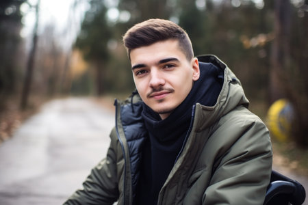 portrait of a young man standing next to his wheelchairの素材