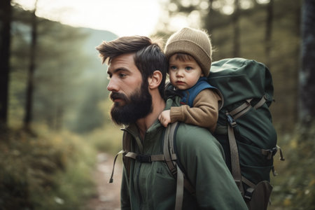 shot of a father carrying his son while hikingの素材