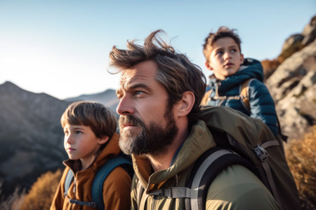 cropped shot of a young father and his two sons hiking in the mountainsの素材