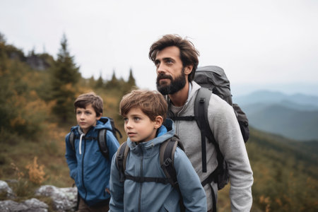 cropped shot of a young father and his two sons hiking in the mountainsの素材