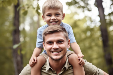 portrait of a young boy smiling happily while sitting on his fathers shoulders outdoorsの素材