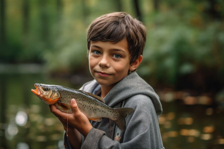 portrait of a young boy holding a fish he caught while fishingの素材
