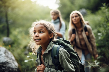 shot of a young girl hiking with her family in natureの素材