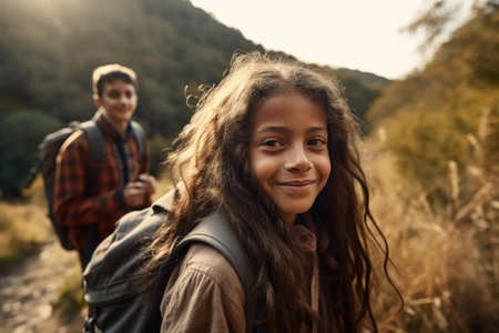 shot of a young girl hiking with her family in natureの素材