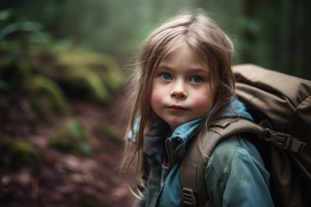 portrait of an adorable little girl enjoying a day of hiking with her familyの素材