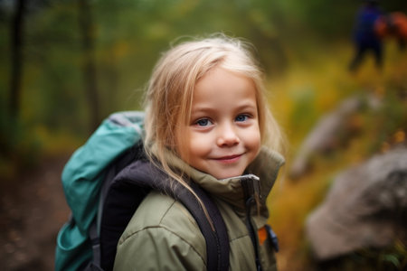 portrait of an adorable little girl enjoying a day of hiking with her familyの素材