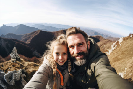 shot of a little girl taking selfies with her father on the mountainsの素材